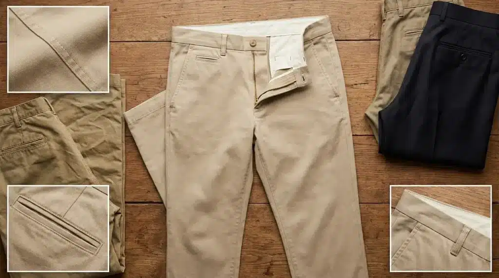 What are chino pants featuring khaki trousers with close up views of twill fabric stitching pockets and tailored details