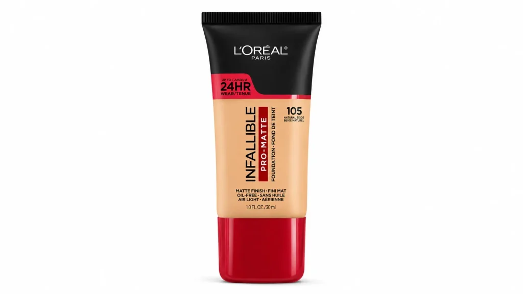 L'Oréal Paris Infallible Pro Matte foundation tube with 24 hour wear formula on white background