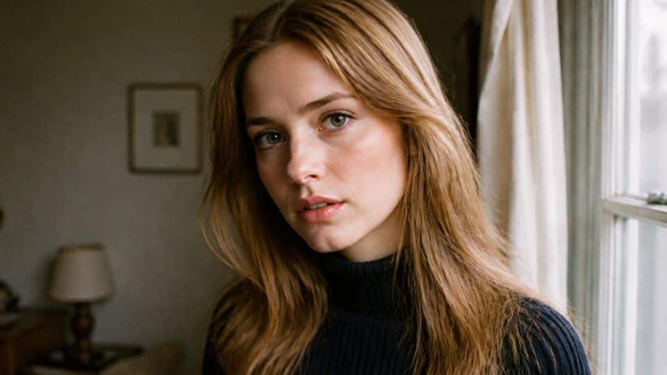 Natural late 60s makeup with sheer skin, brown mascara, glossy lips, and effortless bohemian hair