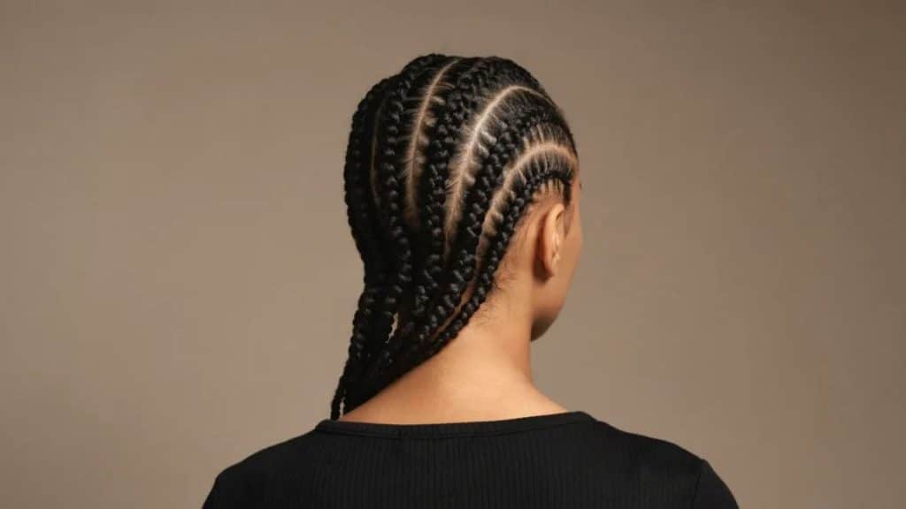 Back view of side swept lemonade braids with sleek curved cornrow patterns and defined sections