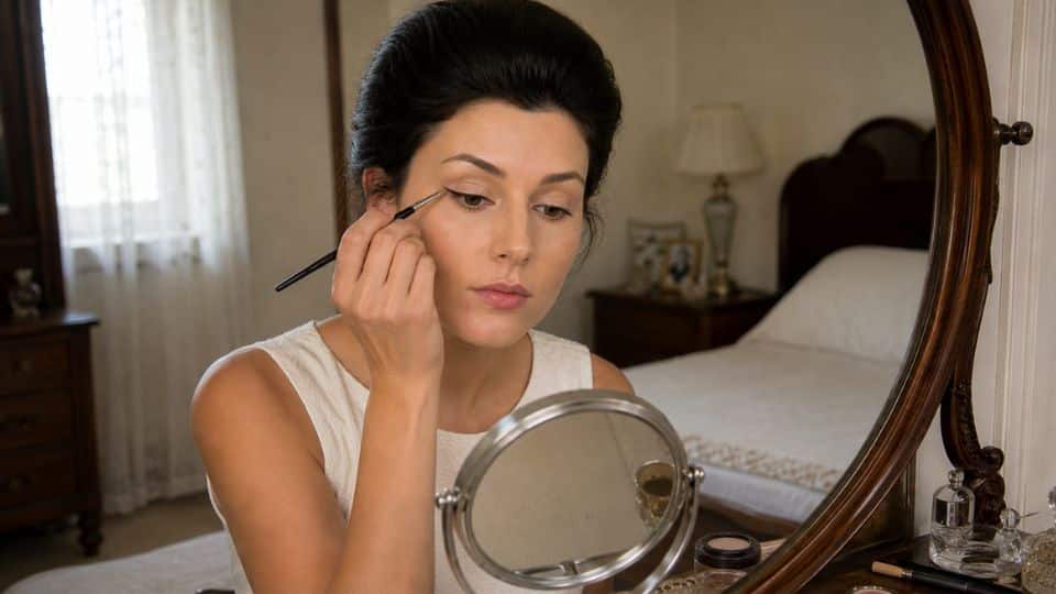 Woman applying black eyeliner to create winged liner and dramatic lashes for a 1960s mod makeup look