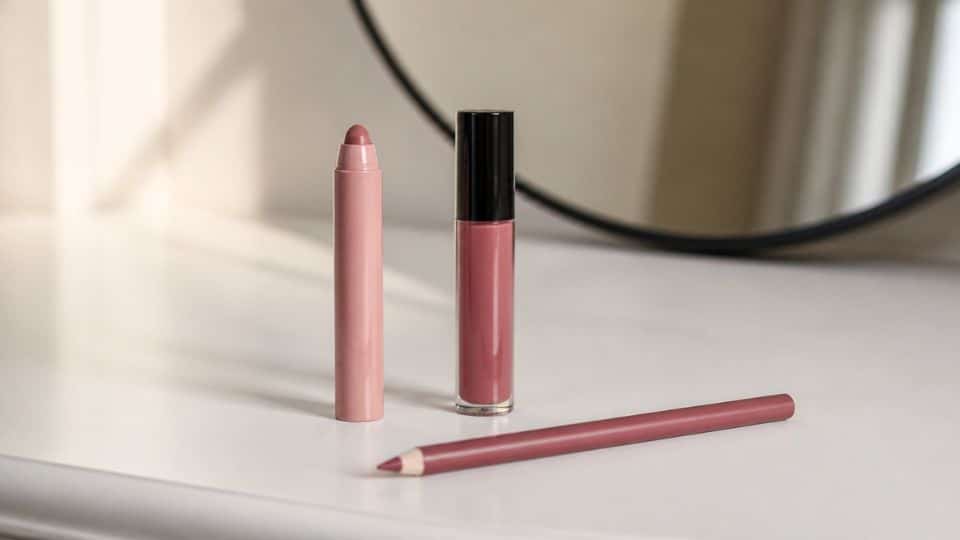 Lip balm lipstick lip gloss and lip liner arranged neatly as everyday lip makeup essentials on vanity table