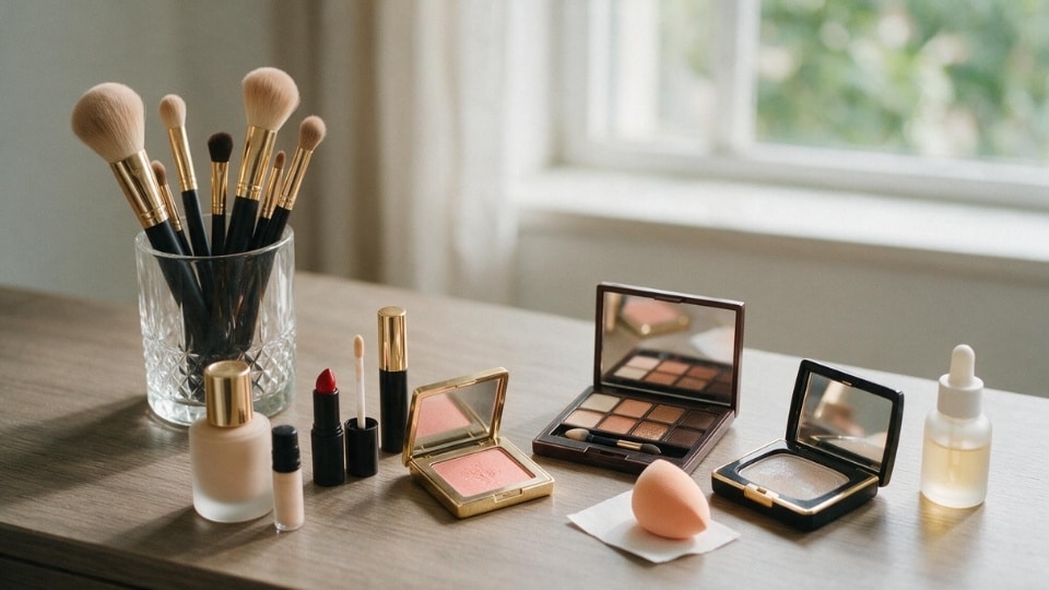 Organized vanity table displaying makeup products, brushes, palettes, and beauty tools for an everyday makeup routine