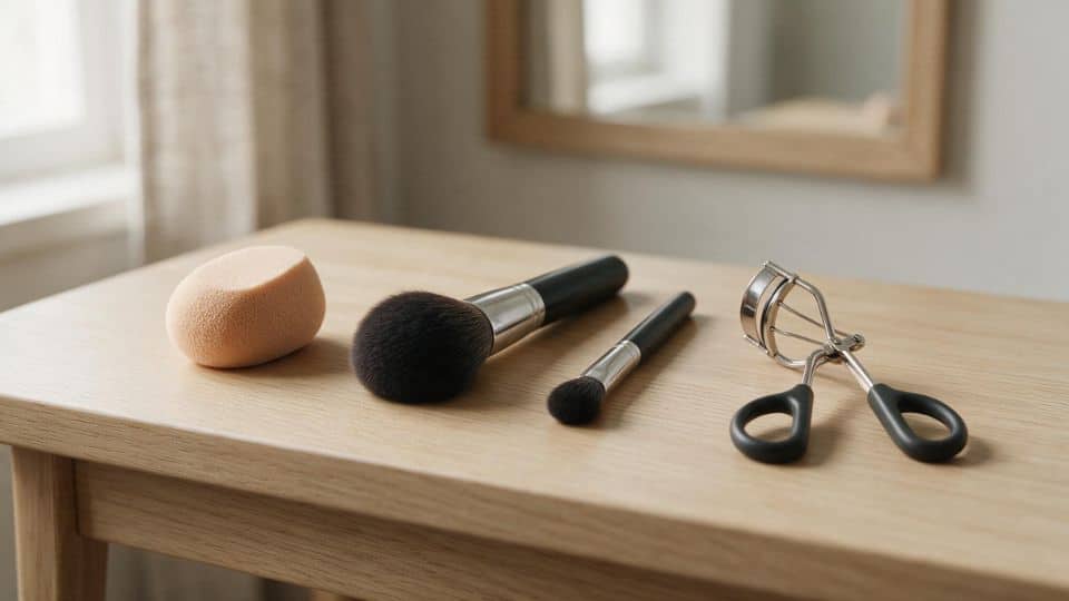 Makeup sponge brushes eyelash curler and spoolie arranged flat on a clean vanity surface for makeup application