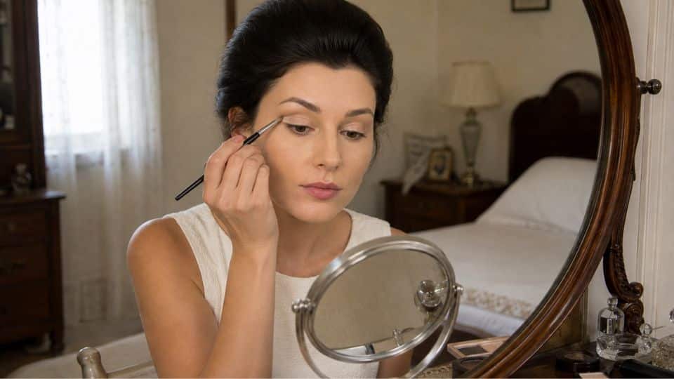 Woman drawing a taupe cut crease line above her eyelid while creating a classic 60s eye makeup style
