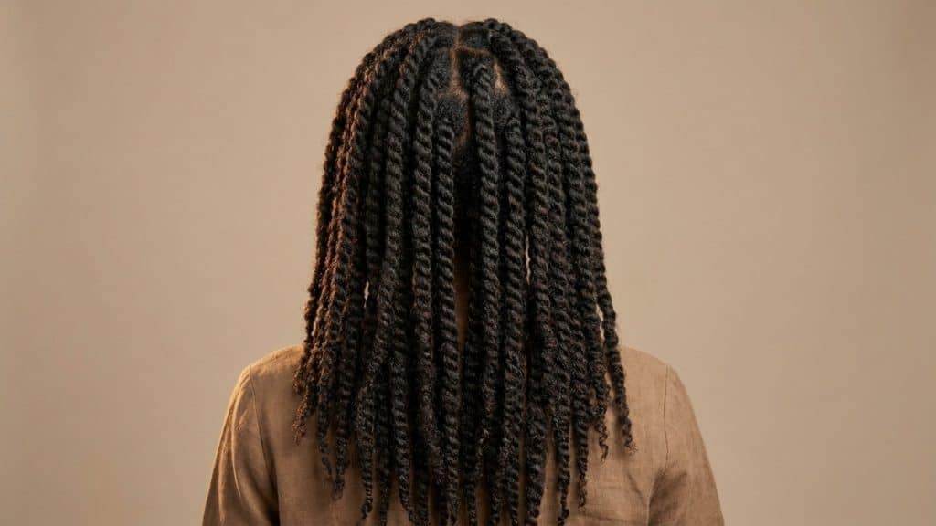 Back view of Marley twists with textured strands and a natural loc inspired protective hairstyle