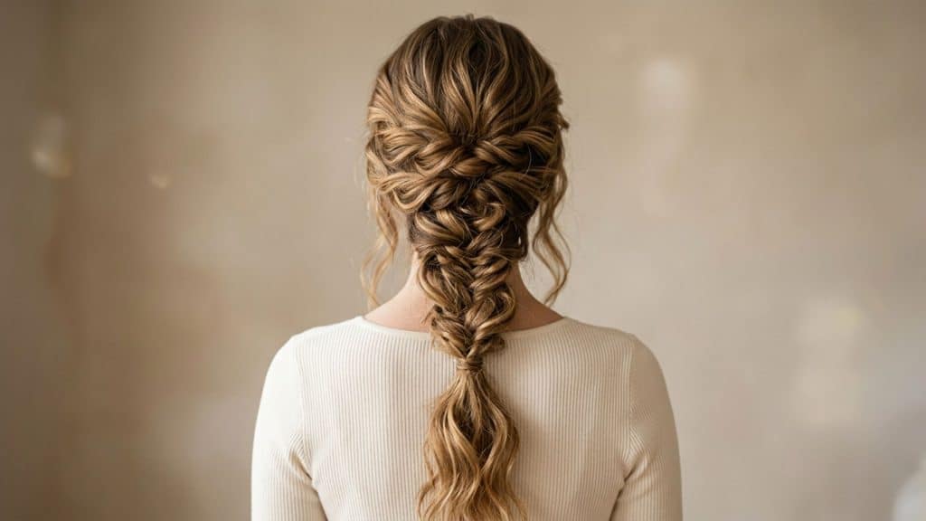 Back view of a textured mermaid braid with loose waves and soft romantic woven sections