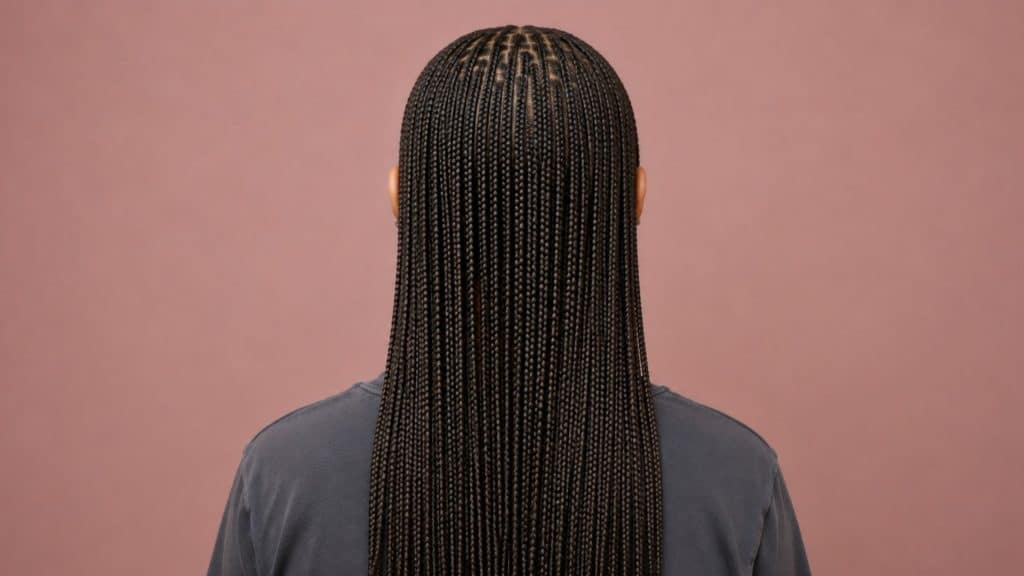 Back view of micro braids featuring tiny individual braids with fine sections and a sleek protective hairstyle