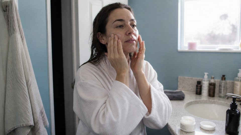Woman gently applying moisturizer to her face during a morning skincare routine at home
