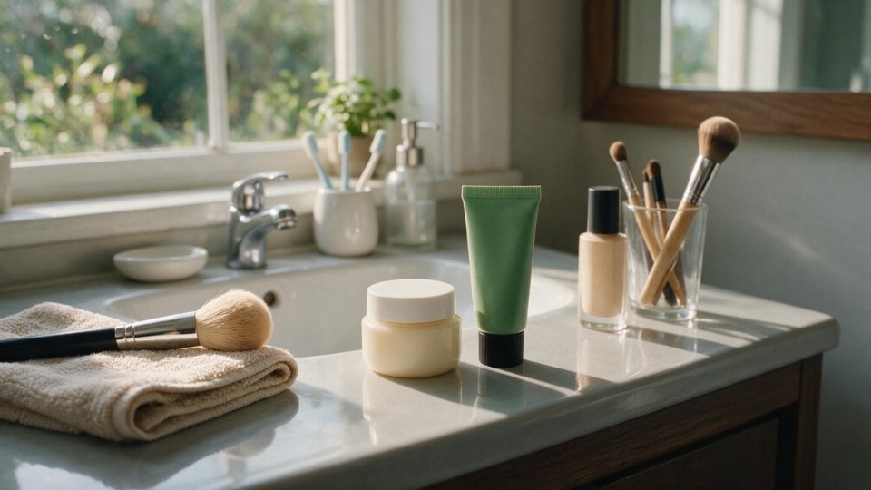 Moisturizer jar and primer tube displayed on a vanity table with everyday beauty products