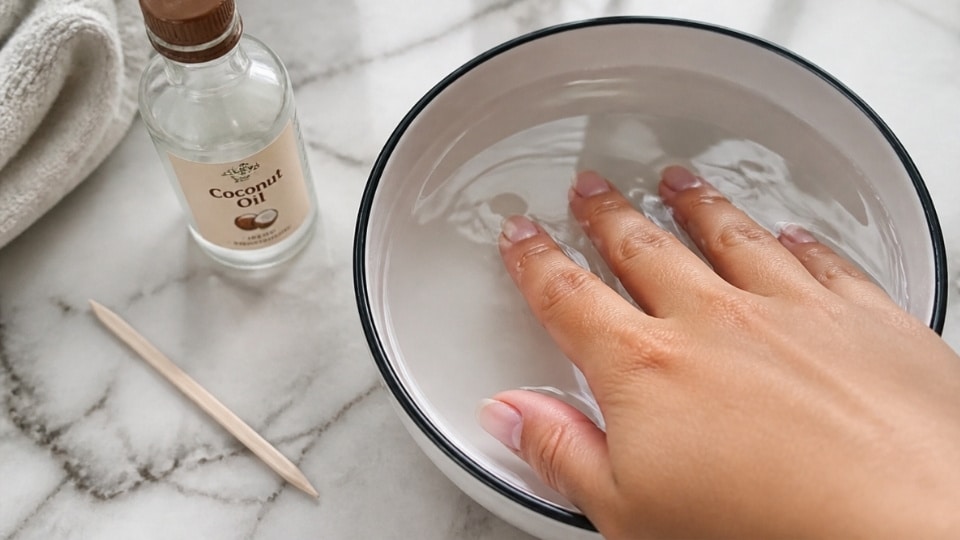 Hand soaking with oil treatment to soften press on nail adhesive during a home removal routine