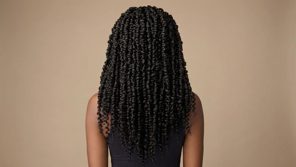 Back view of passion twists featuring soft curly texture and a relaxed bohemian protective hairstyle