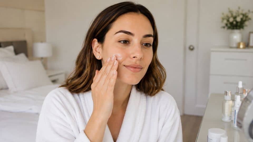 Woman applying moisturizer to her face before hair styling during a beauty routine at a bright bedroom vanity