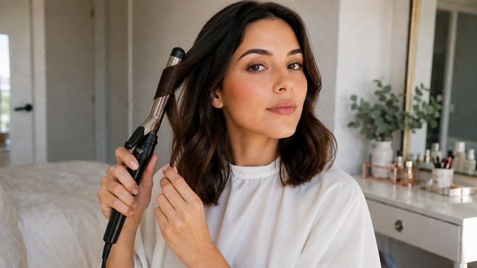 Woman curling her hair with finished makeup while protecting her face during hairstyling