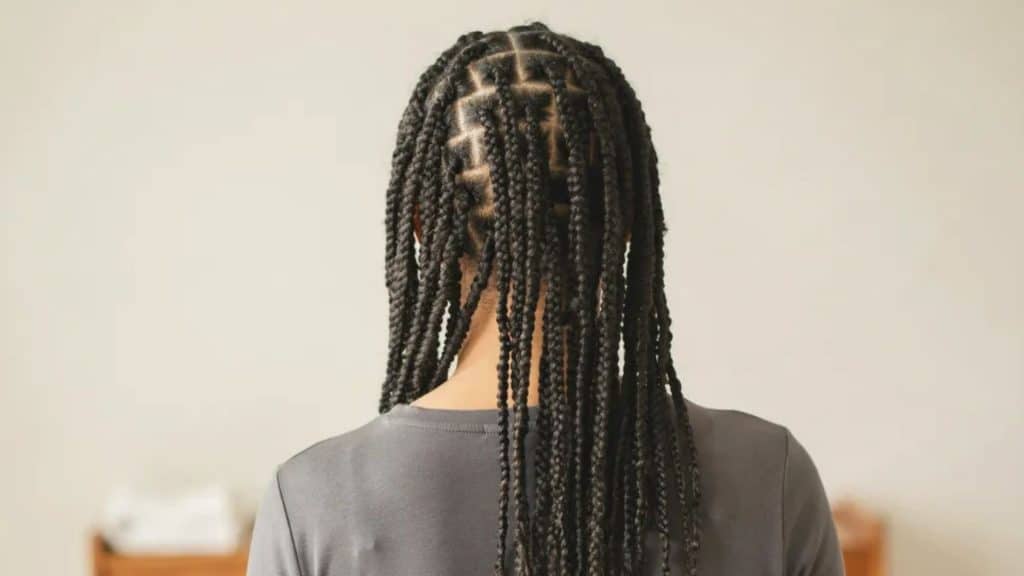 Back view of sleek Senegalese twists featuring smooth rope like sections and a polished protective hairstyle