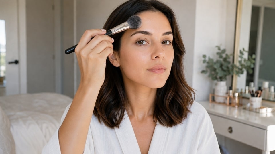 Woman applying translucent powder to her forehead with a makeup brush before styling her hair