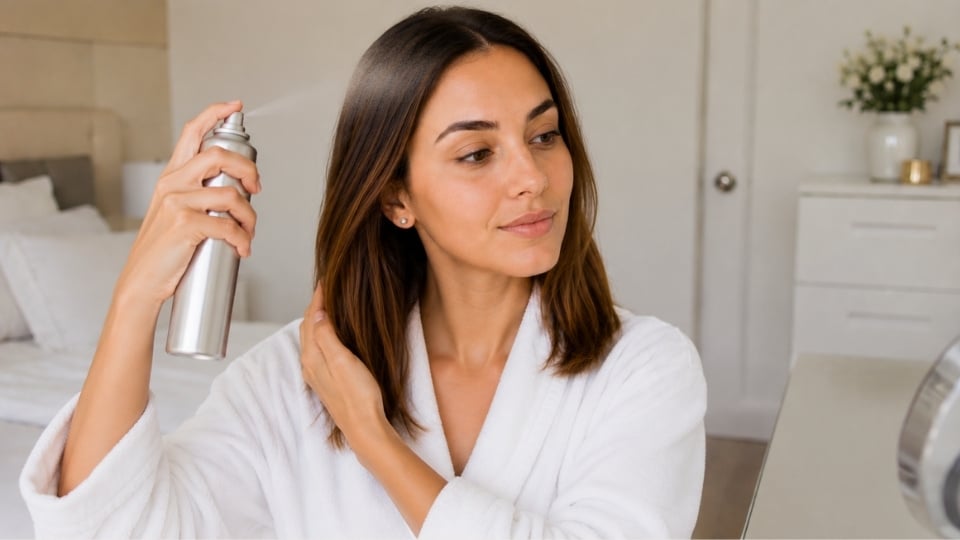 Woman spraying hairspray on her styled hair while protecting her face with a tissue at a vanity