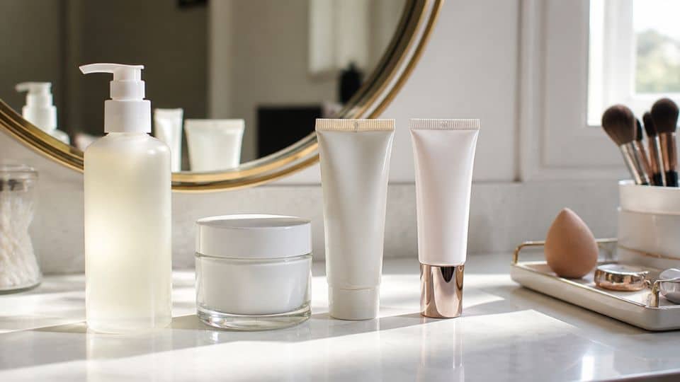 Skincare essentials including cleanser moisturizer sunscreen and primer arranged on a vanity table before makeup routine