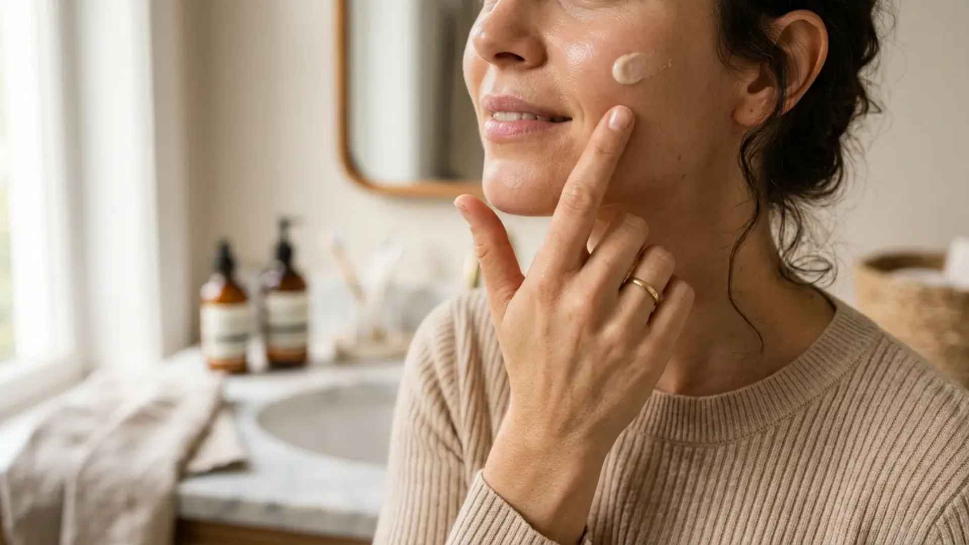 Woman applying moisturizer to her face with fingertips in soft natural light, dewy skin close-up