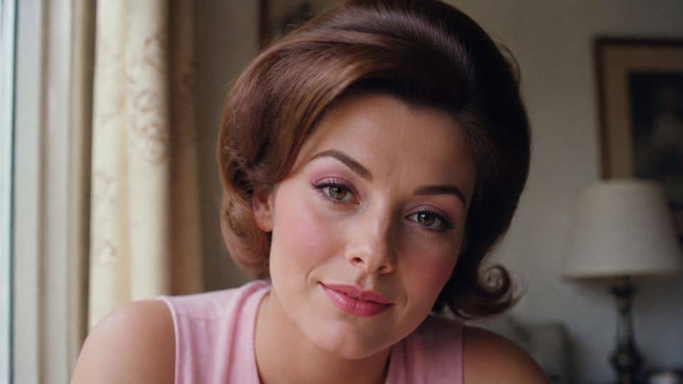 Feminine 60s makeup look with pastel pink eyeshadow, rosy cheeks, and matching soft pink lips