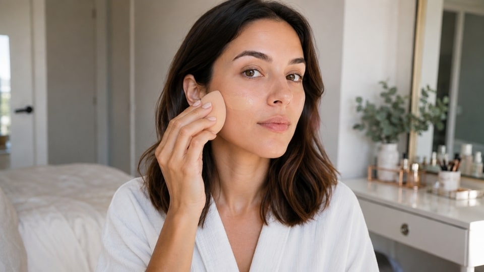 Woman blending lightweight foundation on her cheek with a makeup sponge at a bedroom vanity