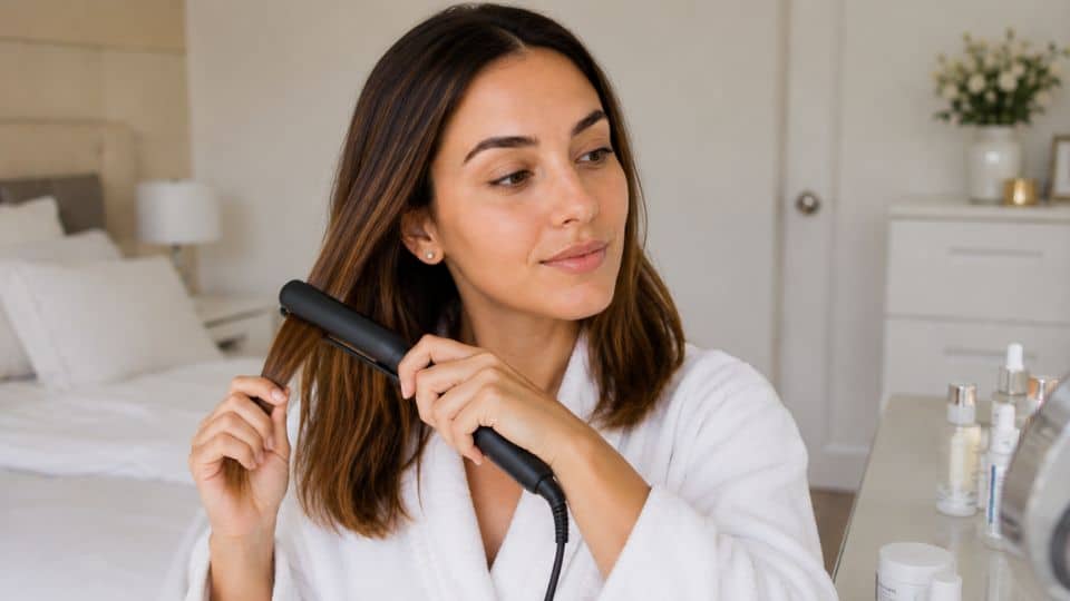 Woman using a curling iron to style her hair before applying makeup at a modern bedroom vanity