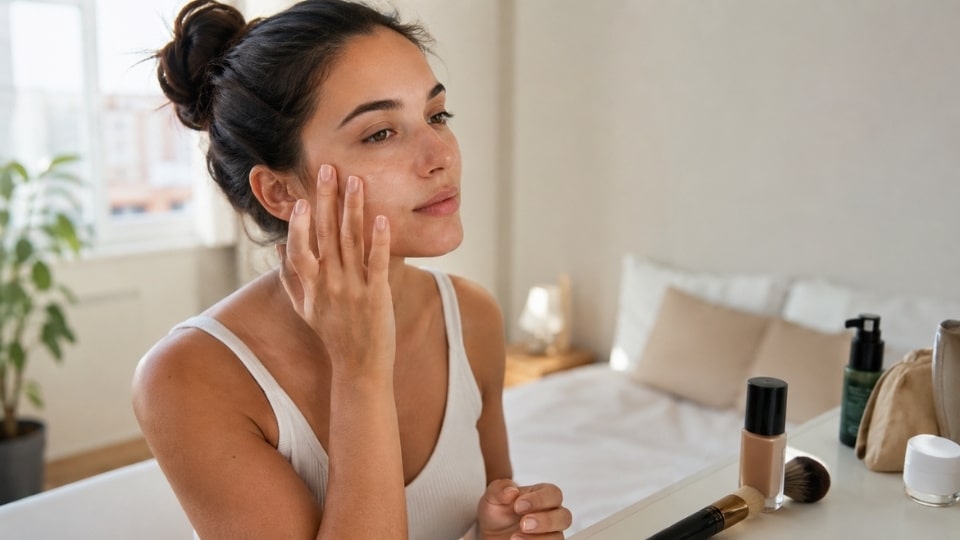 Woman applying primer before makeup at a vanity with natural skincare products in the background