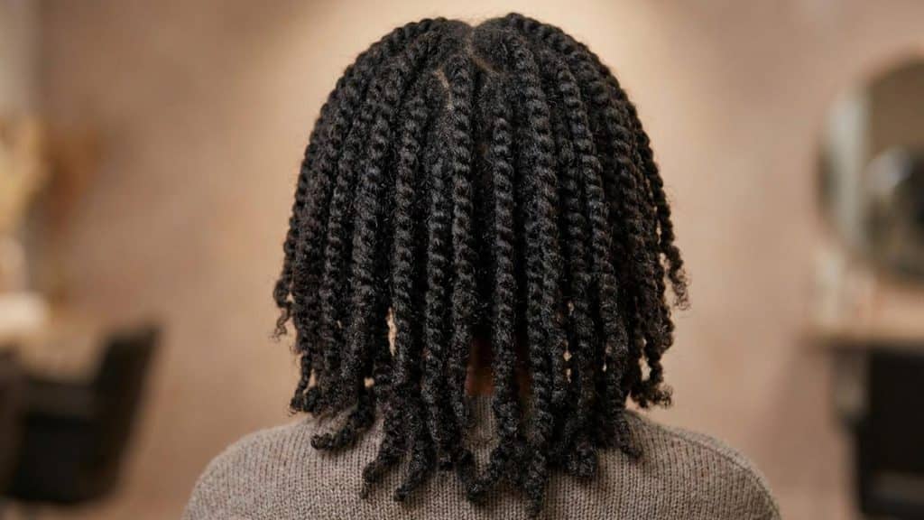 Back view of Nubian twists showing springy textured two strand twists with a lightweight natural protective style