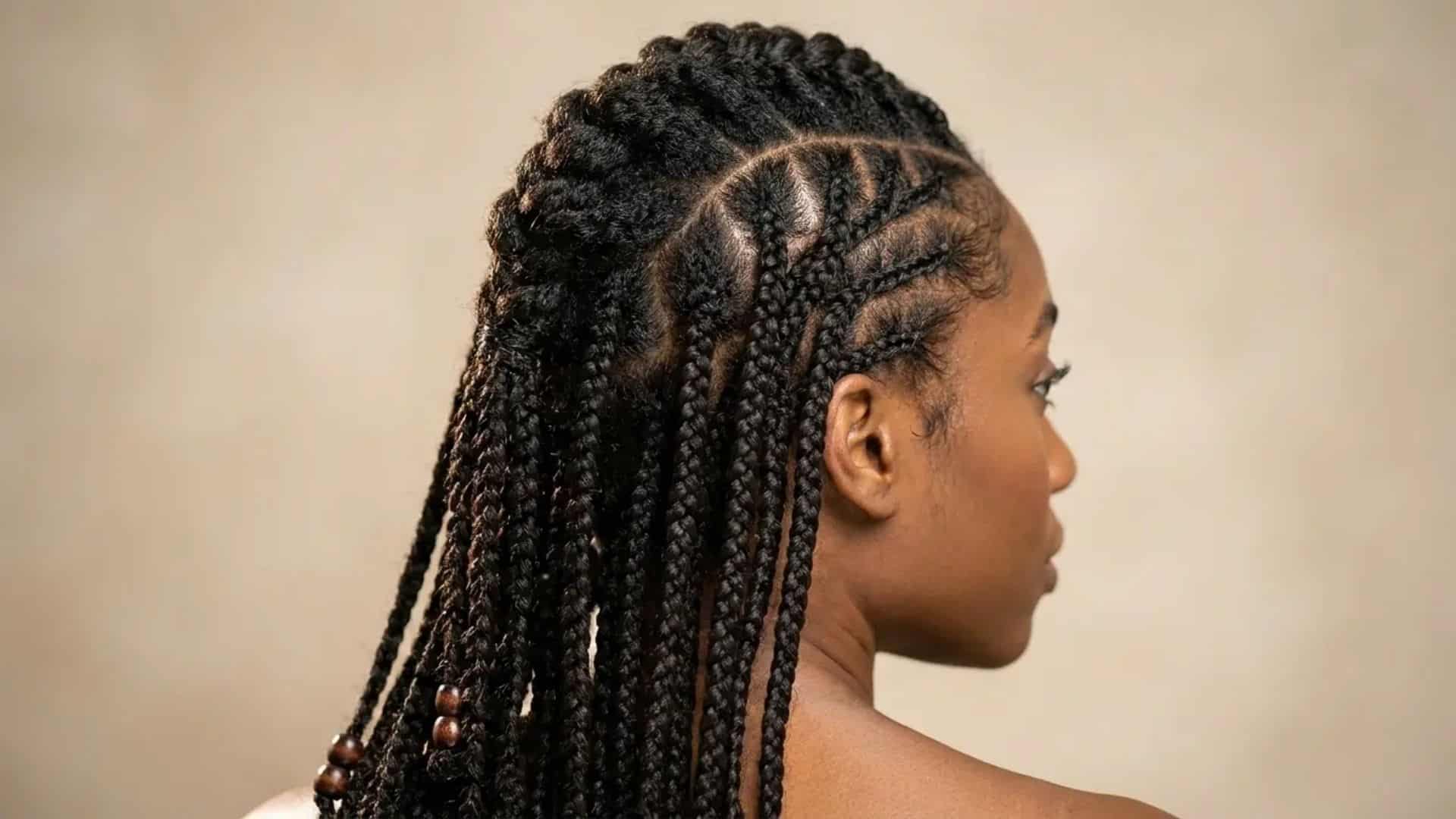 Close-up of an intricate braided hairstyle combining knotless box braids with a raised cornrow crown section