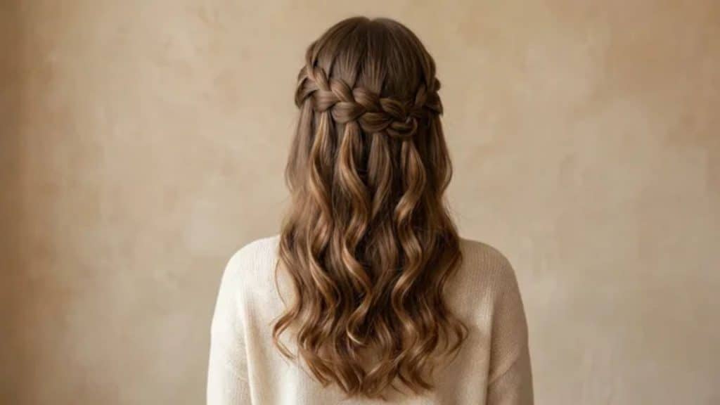 Back view of a waterfall braid hairstyle showing cascading sections flowing through a romantic French braid design