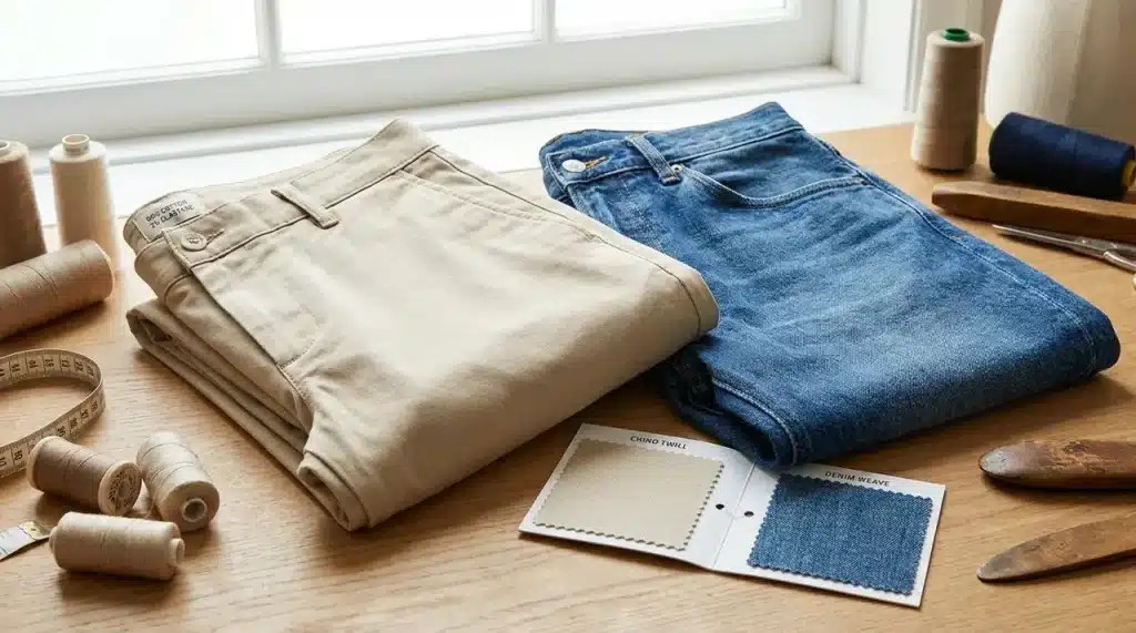 What are chino pants shown with folded khaki trousers and denim comparison swatches highlighting fabric and style