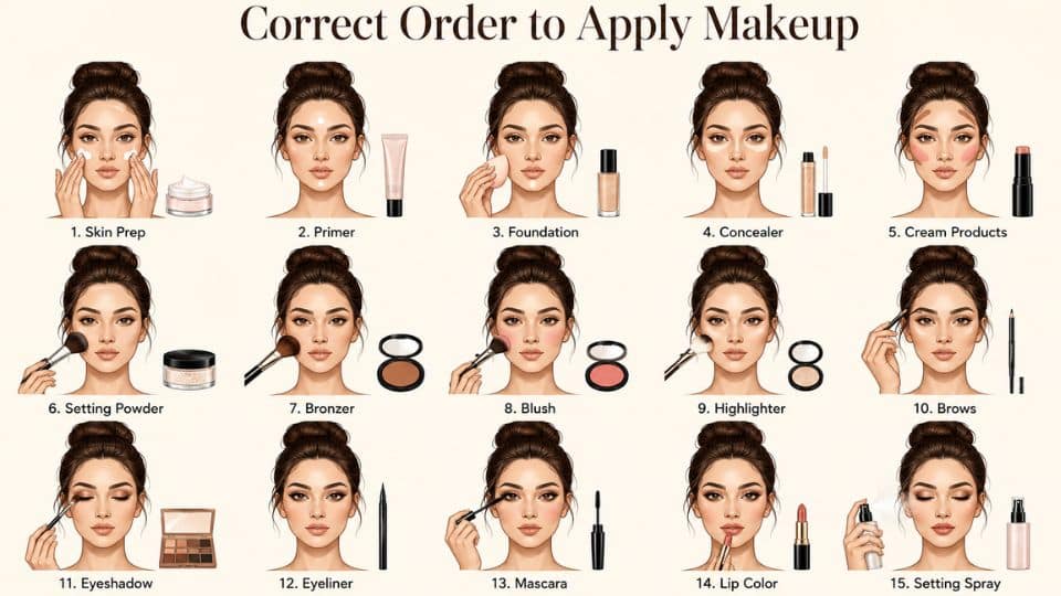 Step-by-step illustrated makeup application chart showing the correct order to apply makeup from skin prep to setting spray using the same woman's face across 15 labeled steps.
