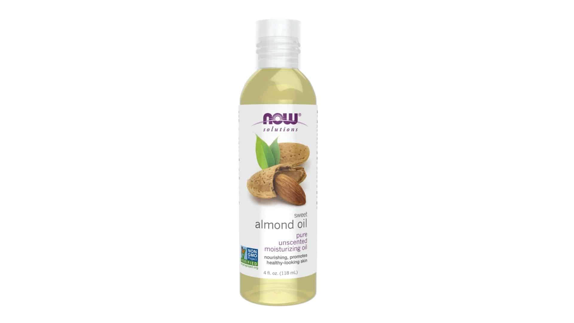 A bottle of NOW Solutions Sweet Almond Oil (pure, unscented, moisturizing oil, 4 fl. oz. / 118 mL)