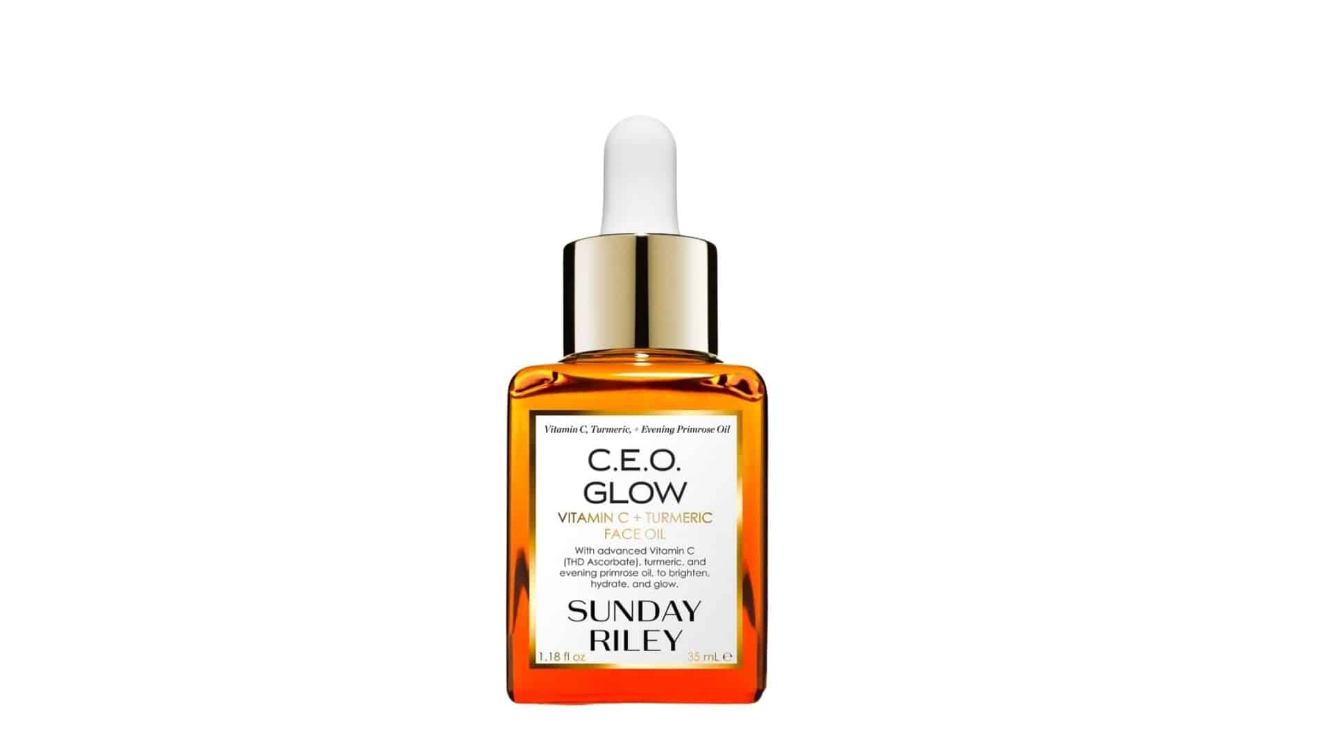 A bottle of Sunday Riley C.E.O. Glow Vitamin C + Turmeric Face Oil with a white dropper cap.