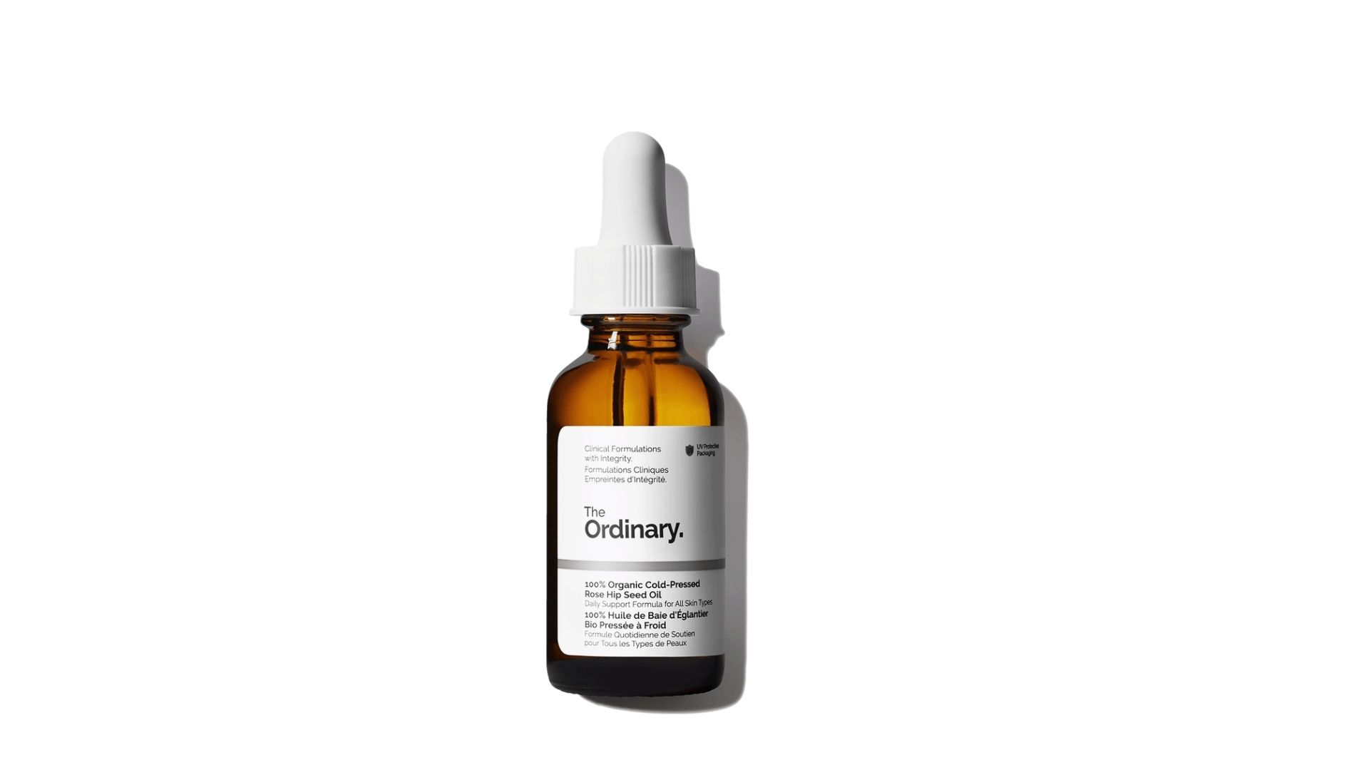 A bottle of The Ordinary 100% Organic Cold-Pressed Rose Hip Seed Oil with a white dropper cap.