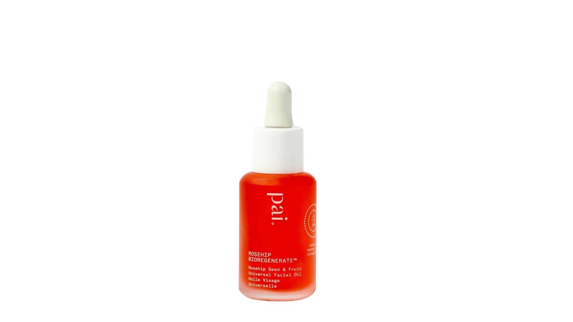 A glass bottle of Pai Rosehip Bioregenerate Universal Facial Oil with a white dropper cap.