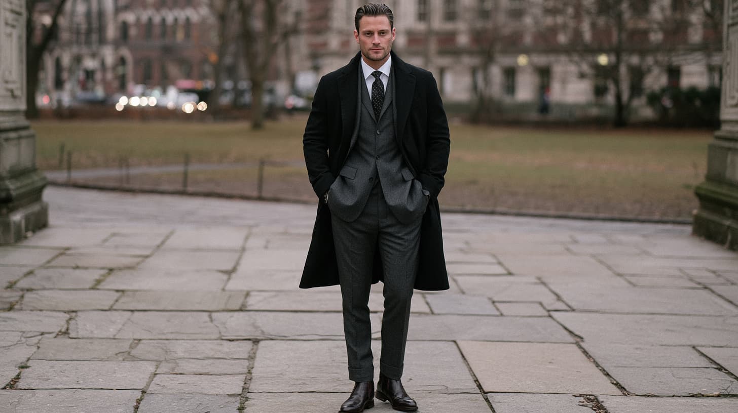A man standing outdoors in a dark gray suit, tie, and black overcoat with hands in his pockets.