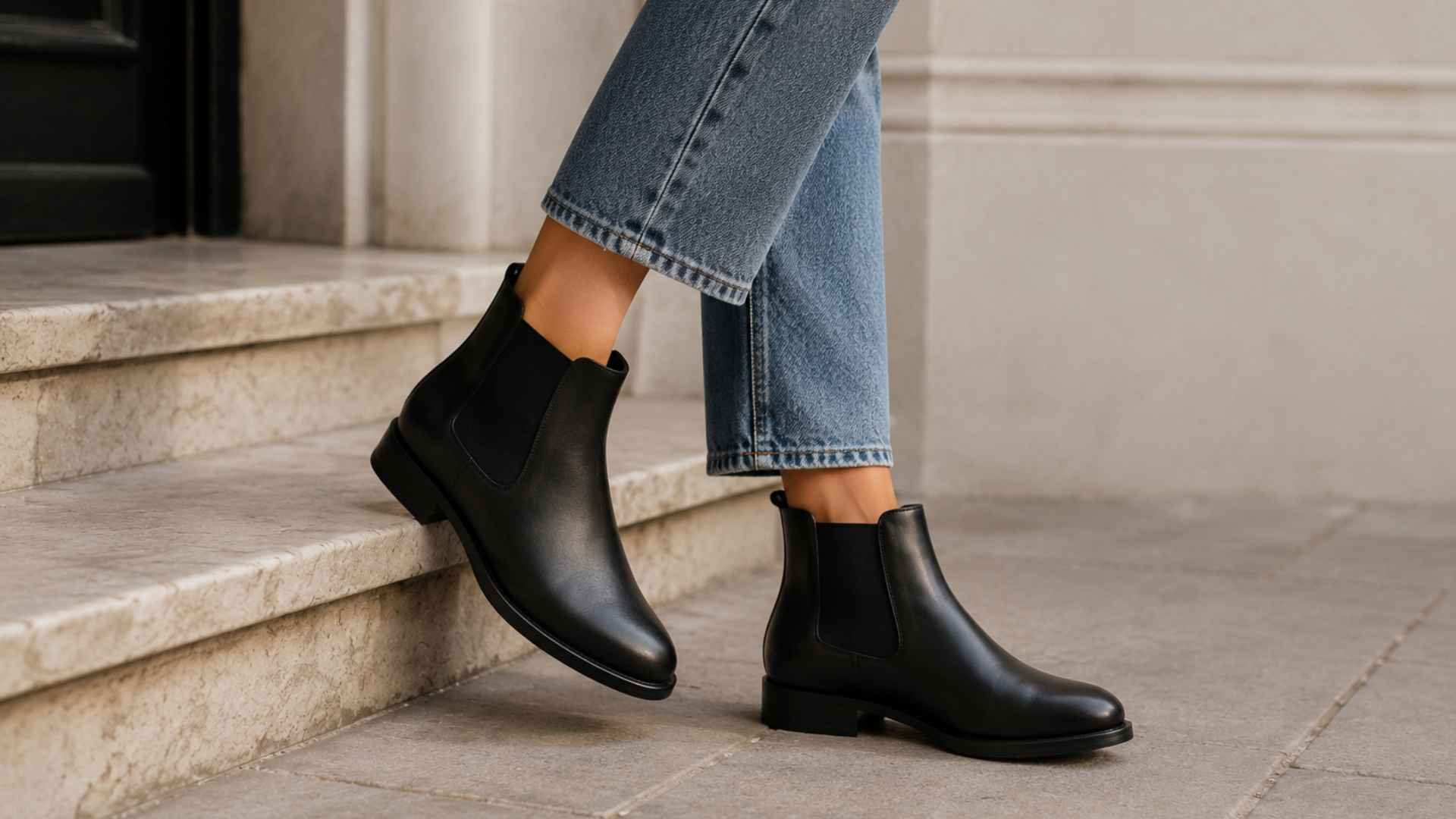 Woman’s legs in cropped jeans paired with polished black Chelsea boots on stone steps, showcasing the boots clearly.