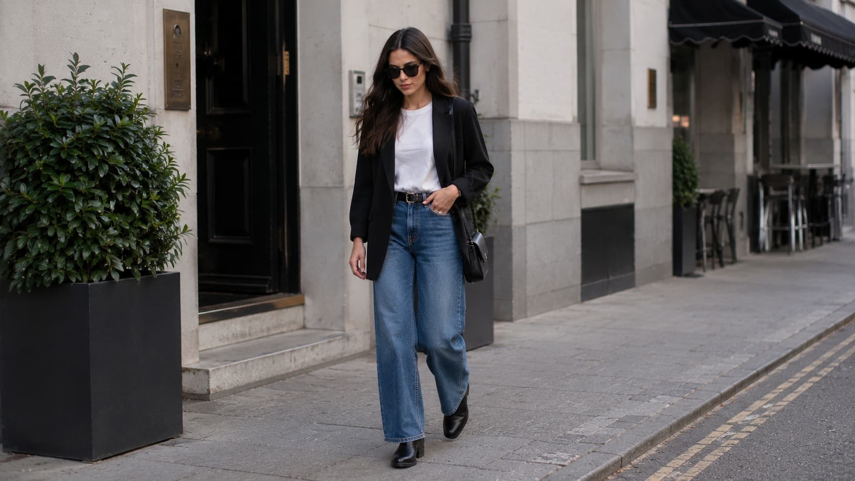 A woman in sunglasses, a black blazer, white t-shirt, high-waisted blue jeans, and black boots walking down a city sidewalk.