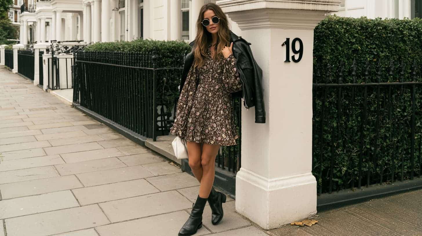 A woman wearing a floral mini dress, black boots, round sunglasses, and a leather jacket draped over her shoulder.