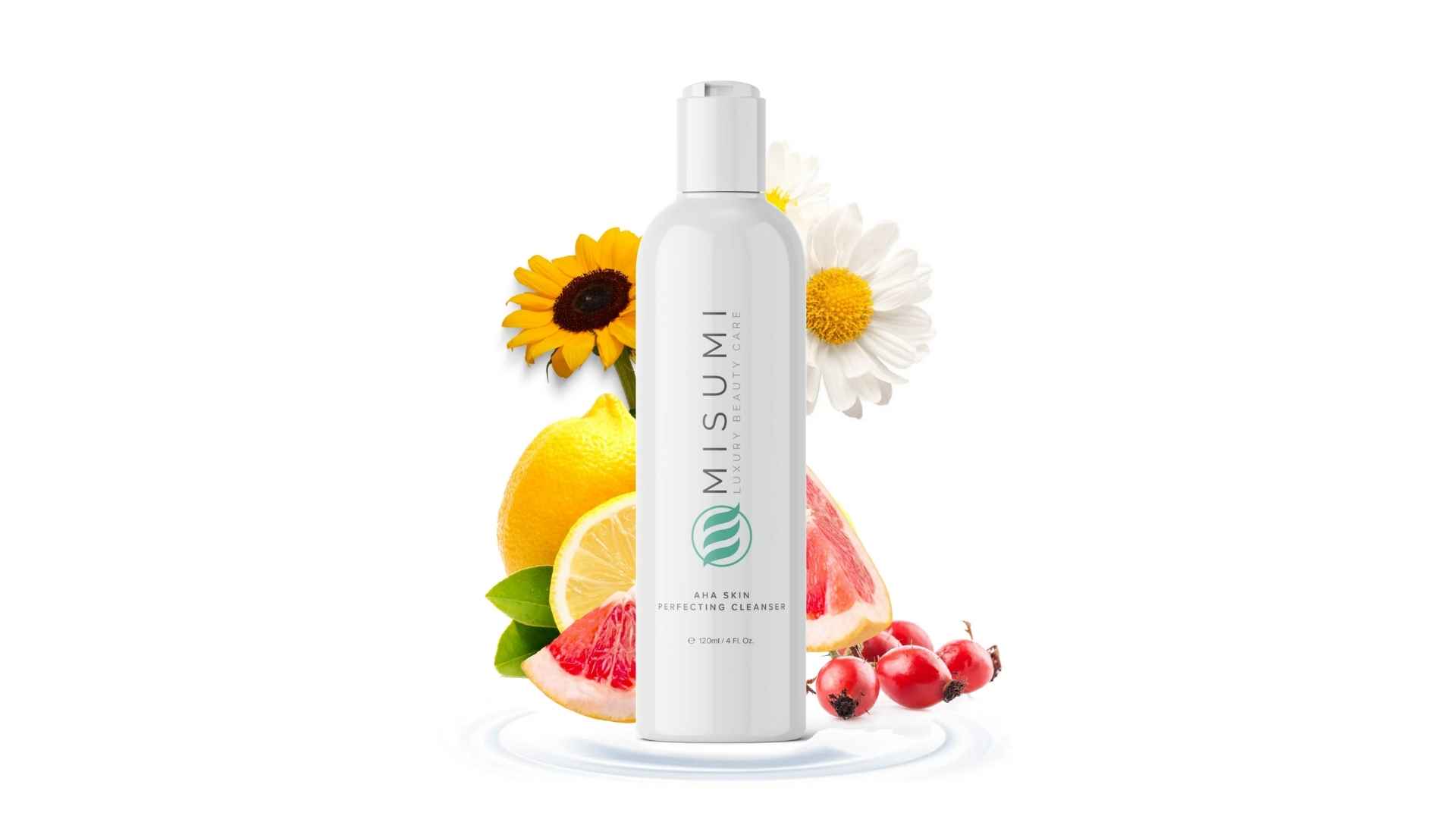 MISUMI AHA skin cleanser bottle with lemon, grapefruit, and floral ingredients for skincare routine