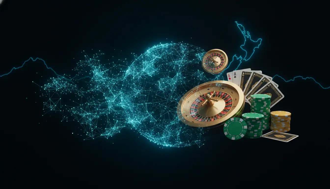 Roulette wheel, poker chips, and playing cards on digital network background