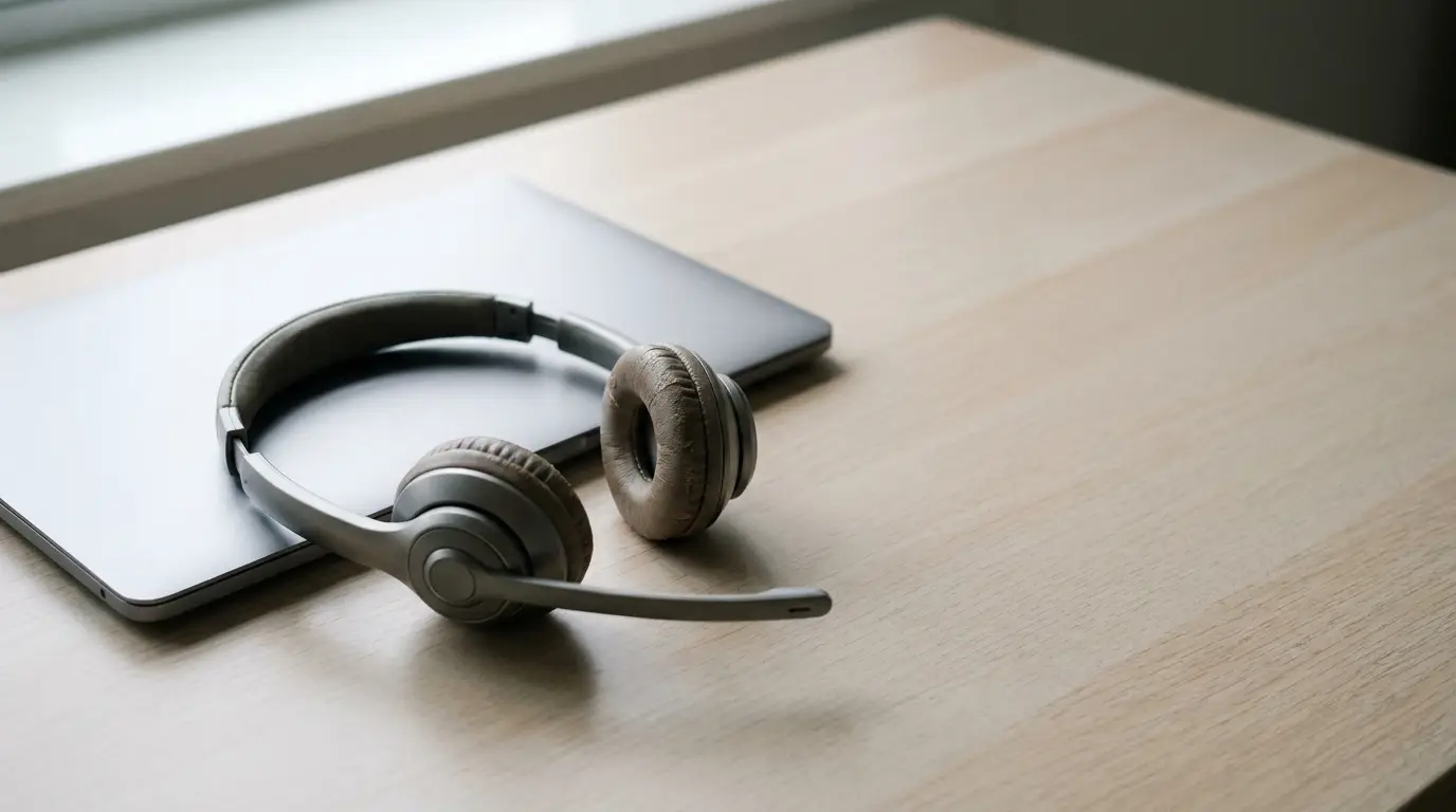 Headset resting on closed laptop on light wood desk in softly lit office setting