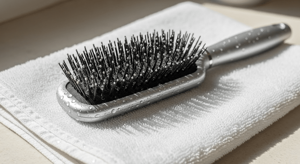 Clean silver hairbrush air drying bristles down on a folded towel
