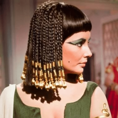 Ancient Egyptian inspired hairstyle with detailed braids, beads, and ornate jewelry on a woman’s profile.