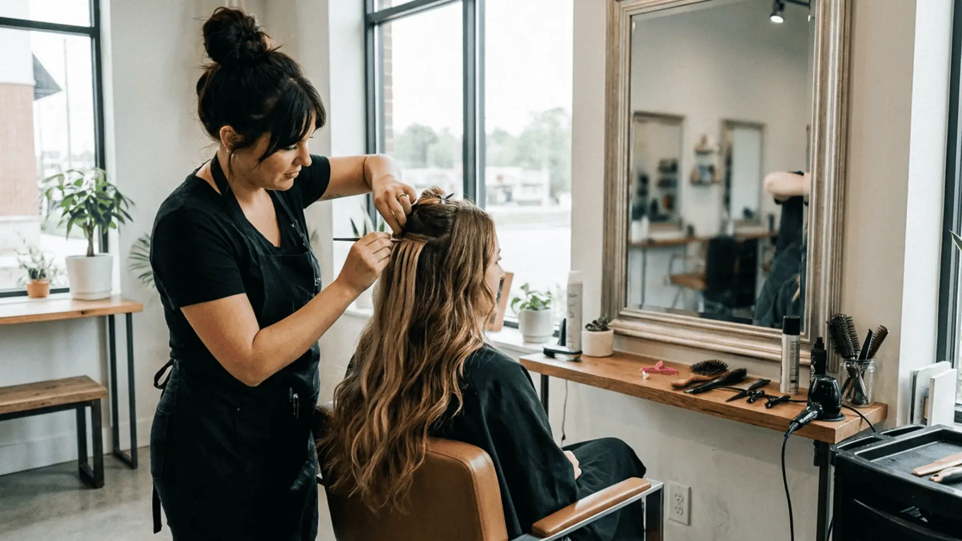 Hairstylist applying extensions to client's hair in bright salon with wall mirror