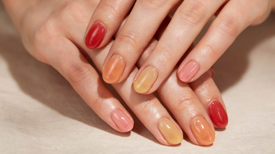 Close up hands showing rounded nails with blurred aura effects in pink and purple tones