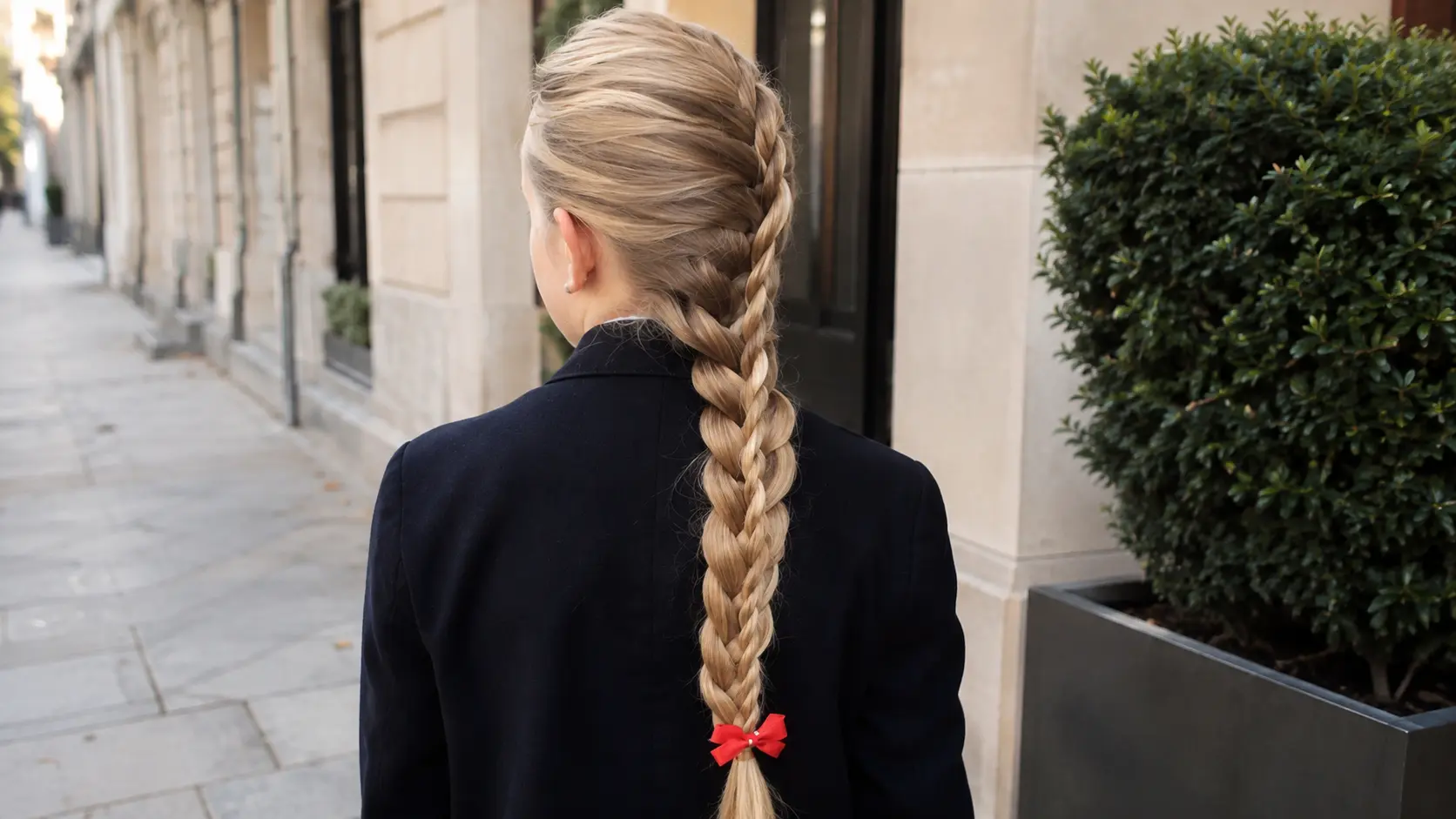 Back view of a woman with blonde hair in a thick French braid tied with a red bow, wearing a dark blazer.
