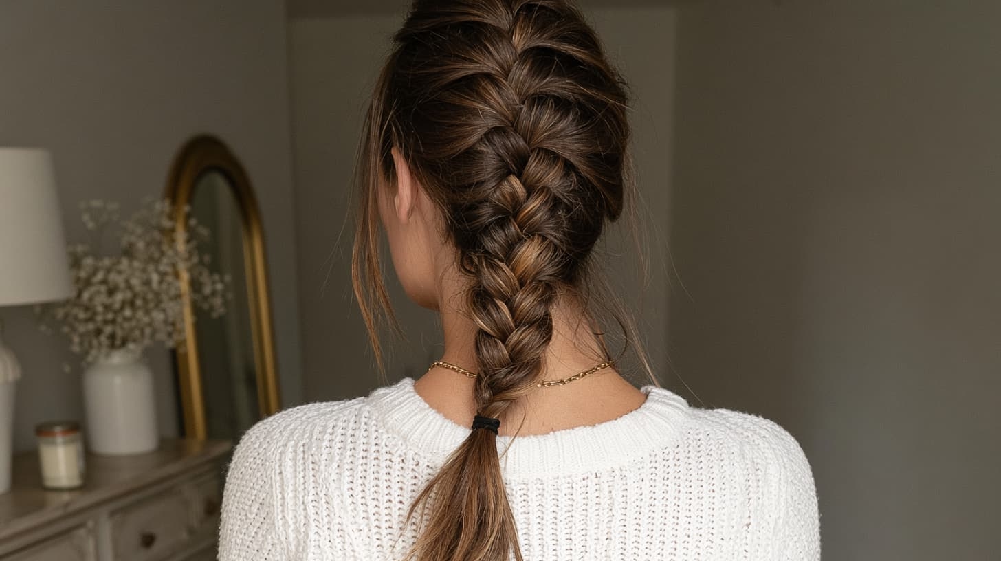 Back view of a woman with brown hair styled in a neat French braid, wearing a white sweater.