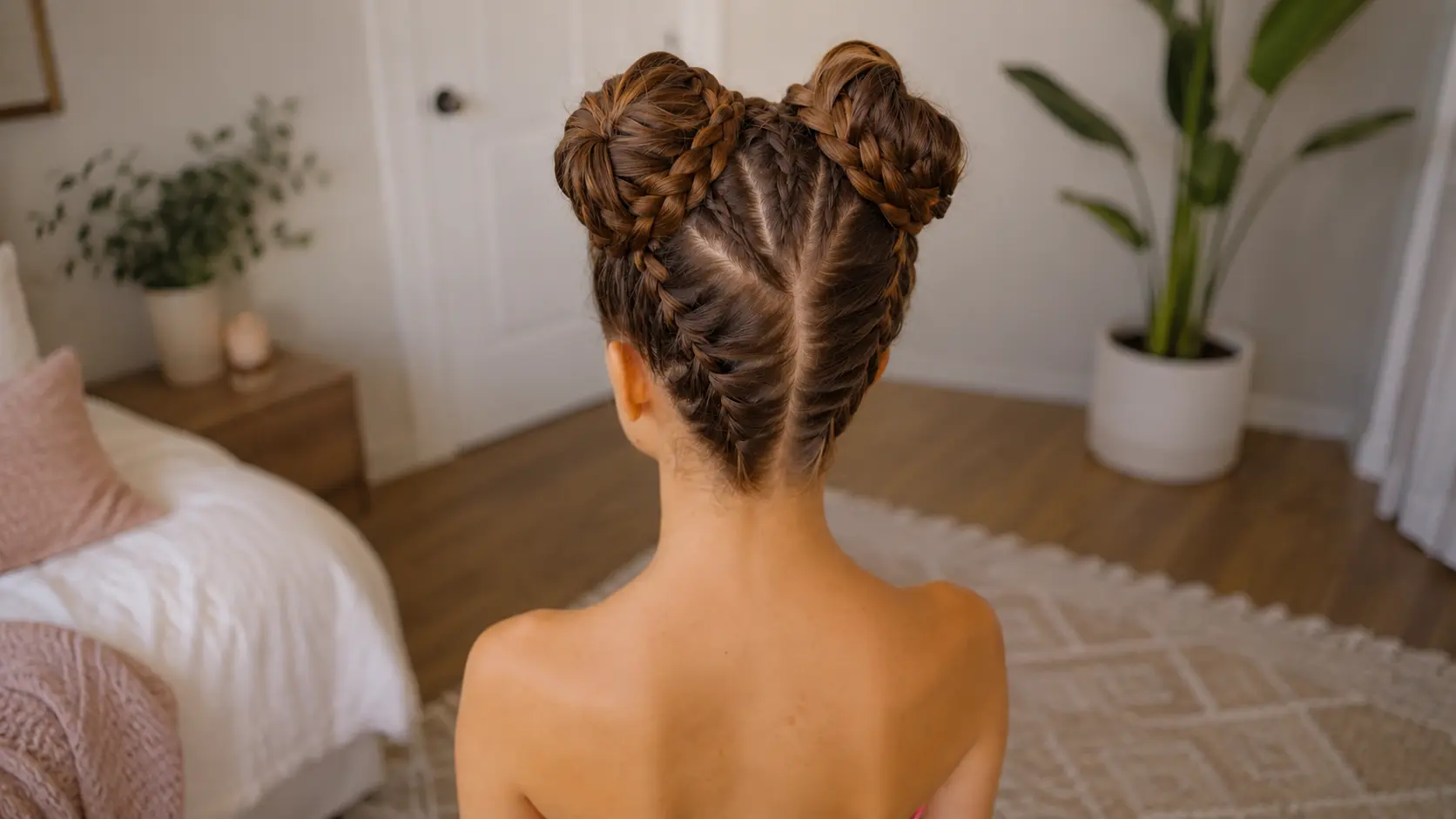 Back view of a woman with brown hair styled in upside-down Dutch braids leading into two braided space buns indoors.